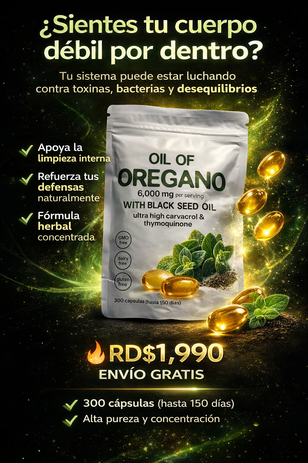 Aceite de Orégano en Cápsulas Blandas (300 unidades) 🌿